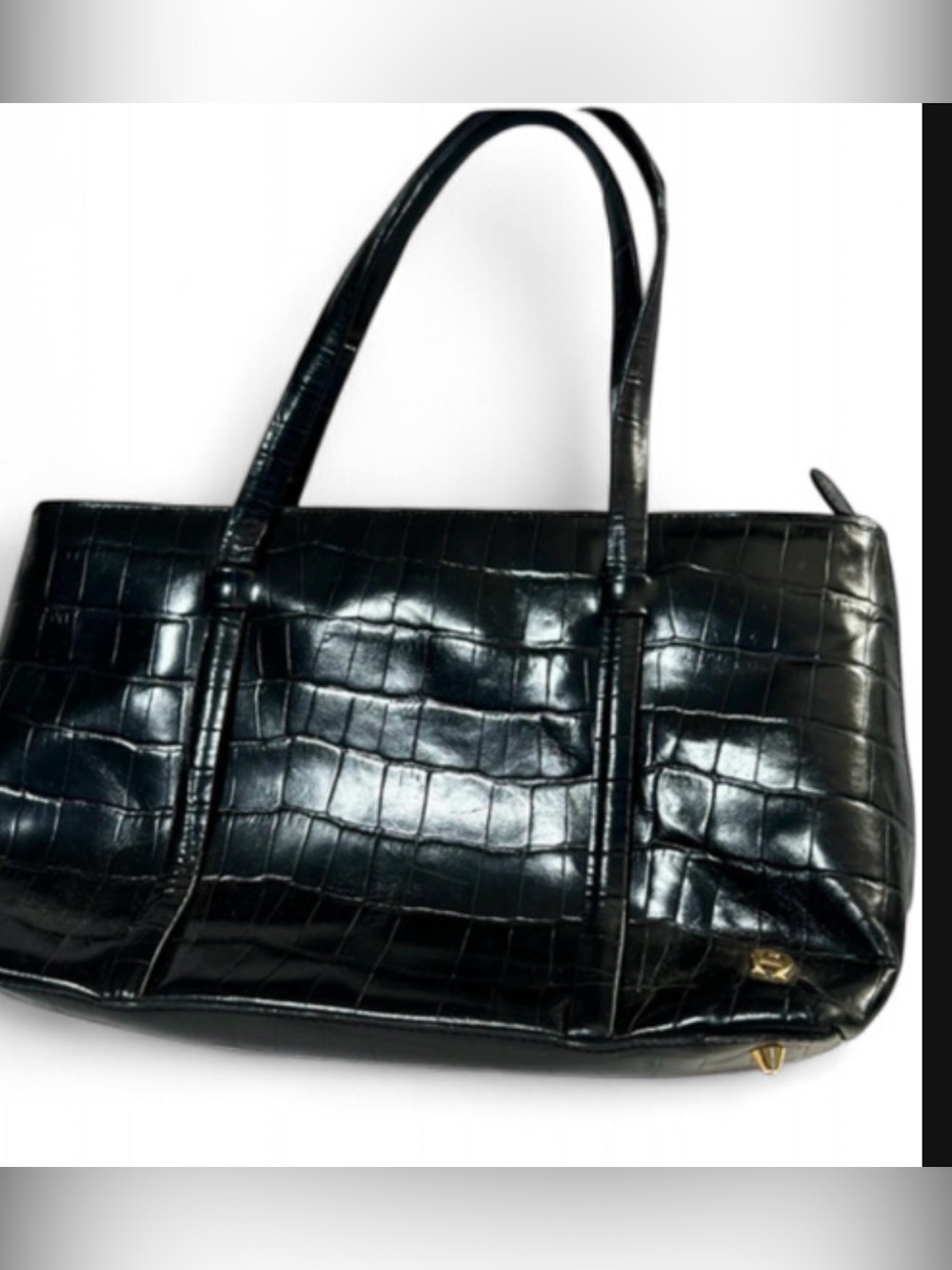 Black Croc-Embossed Leather Tote Bag